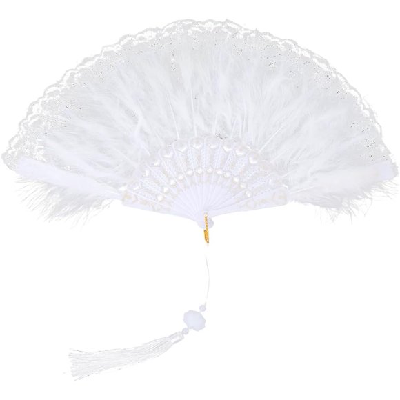 Ventilateur Pliant à Plumes Blanc Pliable Style Chinois Brodé Motifs Floraux en Dentelle avec Pendentif à Franges Ventilateurs Doux et Moelleux pour Femmes Décoration de Mariage Fête Danse Accessoires de Costume