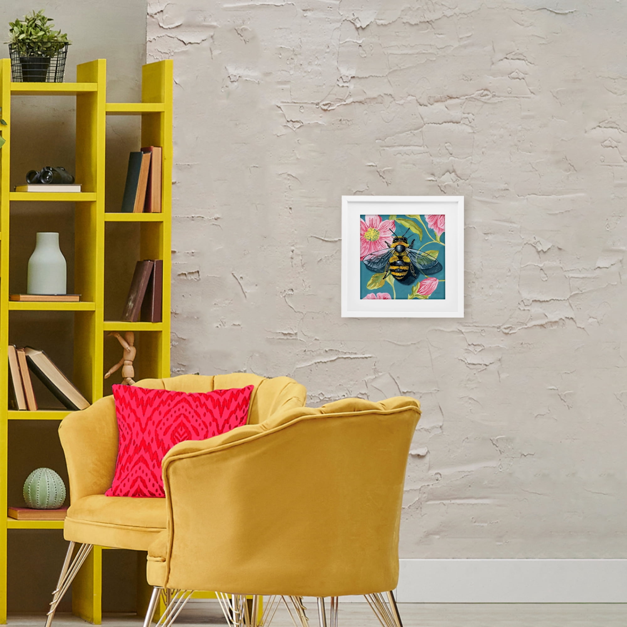 Stupell Industries Fuzzy Bee On Floral Pattern White Framed Print Under Glass, design by Kate Jarvik Birch