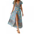 thumbnail image 1 of PENGXIANG Robe Maxi Bohème à Fleurs Imprimées Col en V Manches Courtes Fendue pour Fête à la Plage S-TG, 1 of 5
