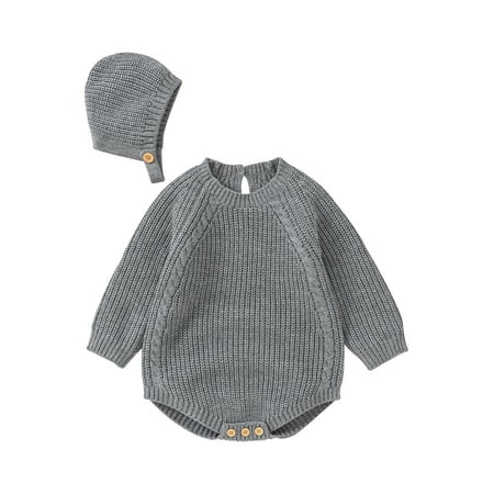 

Amuver Baby Girls Knit Romper Set Long Sleeve Crew Neck Solid Romper with Hat for Fall Winter