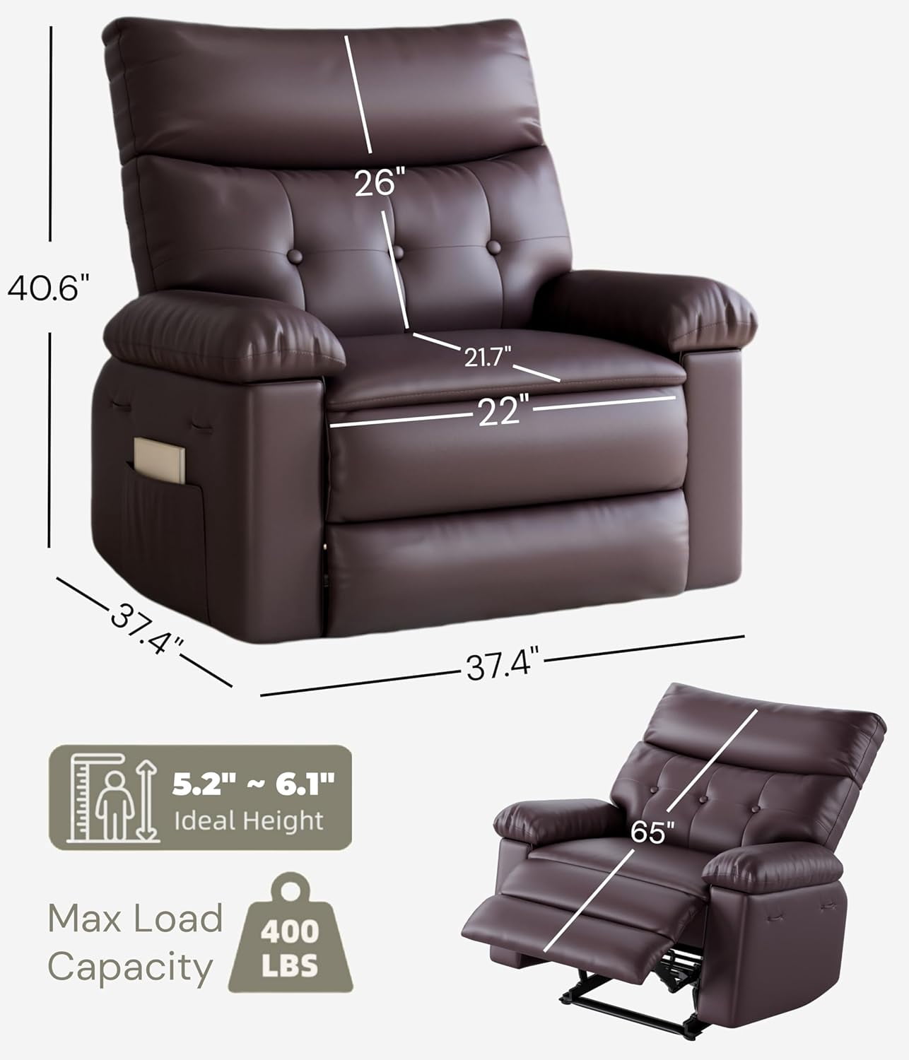 Oversized Recliner Chair - Faux PU Leather Large Manual Recliner for Adults, Exceptional Comfort Lazy Chair with 1.5X Sponge Filling and Easy Recline Mechanism for Relaxation