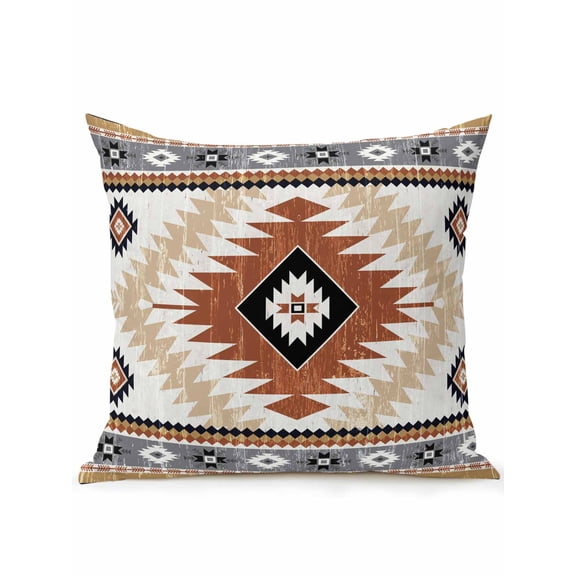 Outdoor Pillows Waterproof, Orange Beige Boho Bedding Throw Pillows with Insert for Couch Sofa Bed, Vintage Ethnic Tribal Southwestern 16x16 Inch Pillowcases Decorative Camping Patio Pillow Set of 1