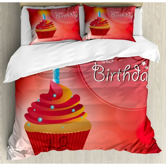 Ambesonne Party Duvet Cover Set, Cupcake Candles 18, Calking, Hot Pink Red and Orange