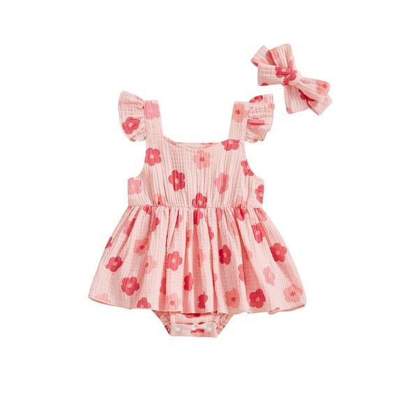 Baby Toddler Girls Summer Romper Dress 3 6 12 18 Months Flying Sleeve Floral Print Sweet Romper with Headband