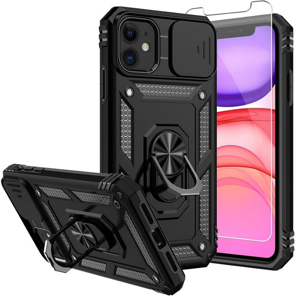 for iPhone 11 Case,with Screen Protectors and Camera Cover,[Military Grade] 16ft.Drop Tested Cover with Magnetic Kickstand Protective Case for iPhone 11 6.1 inch, Black