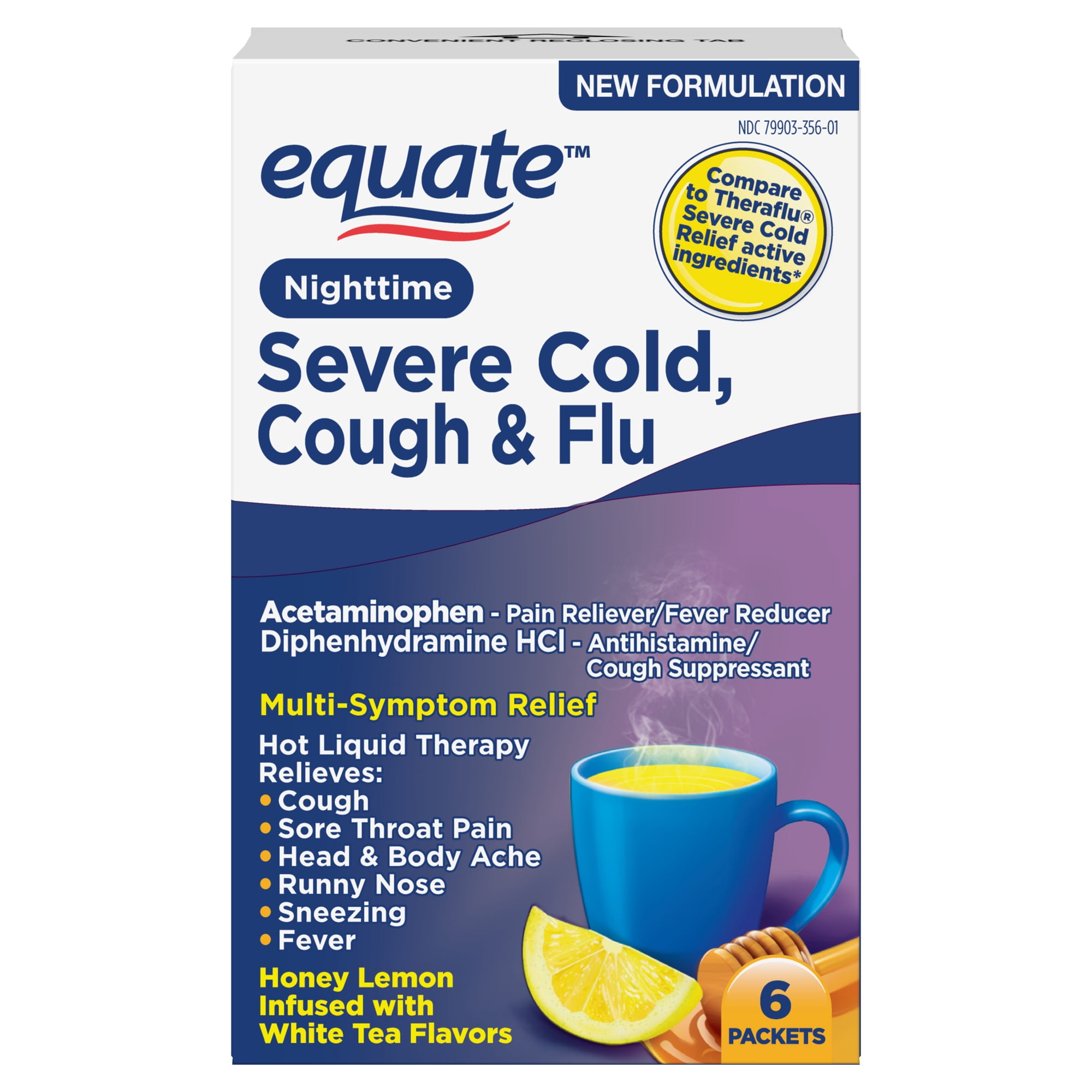Equate Nighttime Severe Cold, Cough and Flu Relief, Honey Lemon and White Tea Flavors, 6 Packets