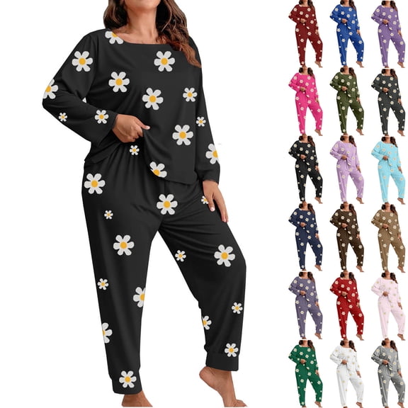 Gytharion Womens Pajama Sets Cute Daisy Print Sleepwear Set Soft Comfy Long Sleeve Crew Neck Top and Pants Pj Sets 2 Piece Loungewear Outfits for Women, Size XL-5XL