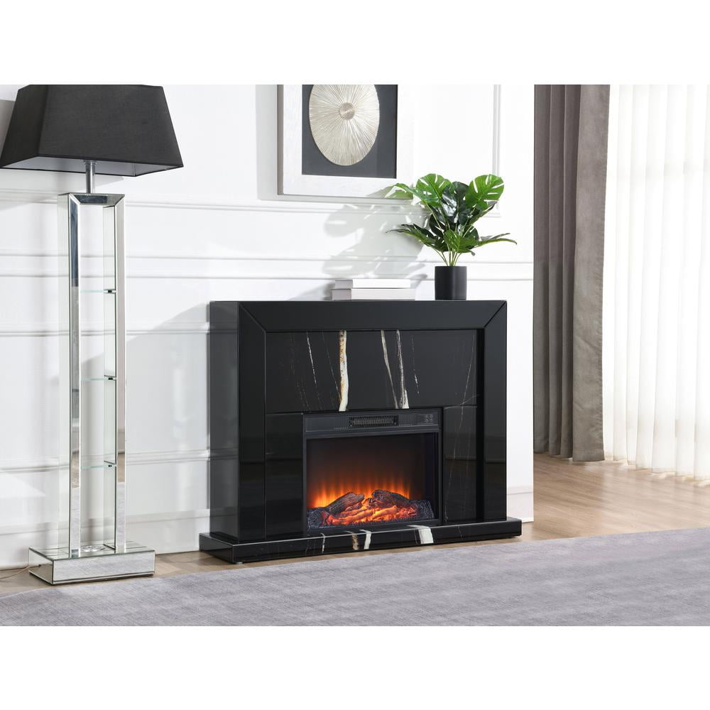 ACME Drisana Wood and Tempered Glass Rectangular Fireplace in Black Mirrored