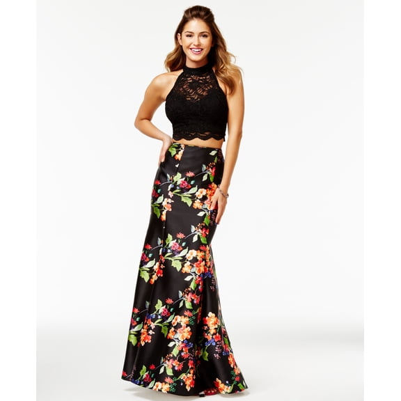 City Studios Juniors 2 Pc. Lace Open Back Floral Print Dress Bark Floral 11