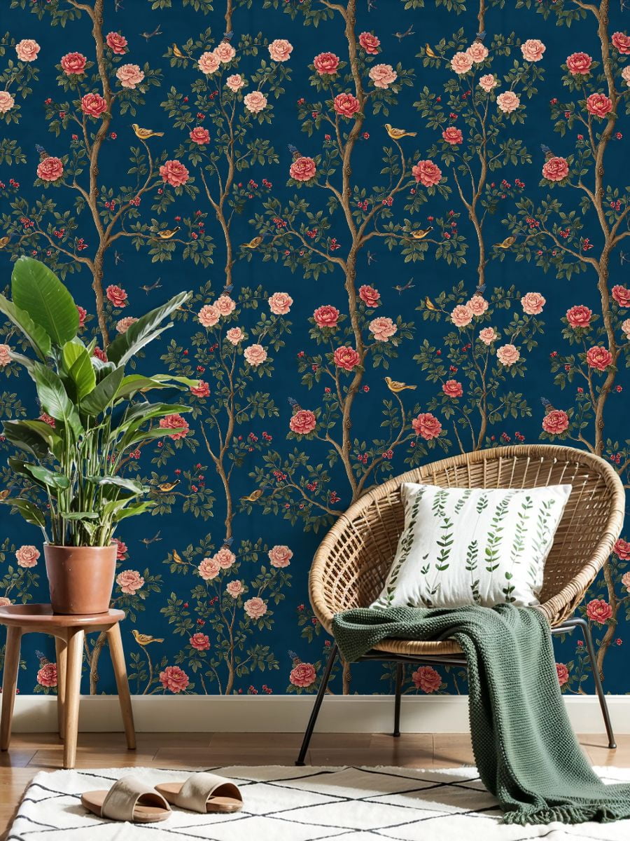 Peel and Stick Wallpaper Vintage Floral Birds Peony Flowers Deep Blue Wall Mural 23.6in x 9.8ft Self Adhesive Removable Wall Paper Renter Friendly Wallpaper for Nursery Bedroom Cabinets