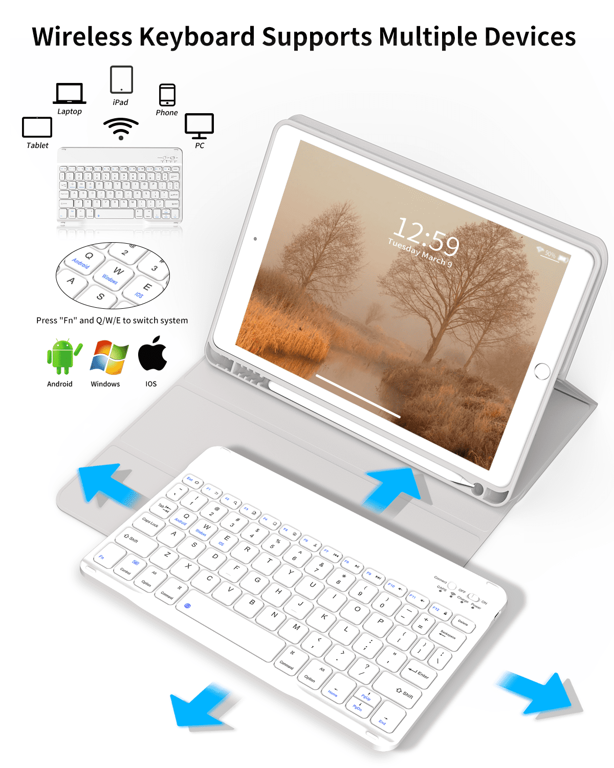 Aoub Keyboard Case for iPad 6th / 5th Generation 2018/2017 9.7 Inch, iPad Air / Air 2, Magnetic Detachable Wireless Bluetooth Folio Stand Rechargeable Keyboard Cover with Pencil Holder, Grey