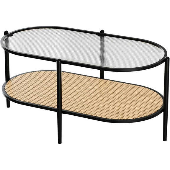 37" Oval Coffee Table with 2-Tier Rattan Shelf & Water-Wave Glass Top, Boho End Table with Metal Frame for Living Room or Office