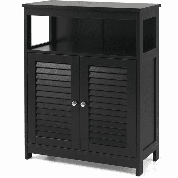 Bathroom Cabinet with Louver Doors, Wooden Storage Organizer for Kitchen Living Room, Adjustable Shelf & Design, Freestanding Floor Cabinet, Black