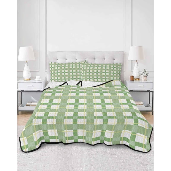 Quilts Full Size, Ombre Green Plaid, Soft Comforter Bedding Set for Bed, Minimalistic Geometric Farmhouse Grid Lightweight Quilted Bedspread with Pillow Cover(2 Pieces) for All Season, 78x90 Inch