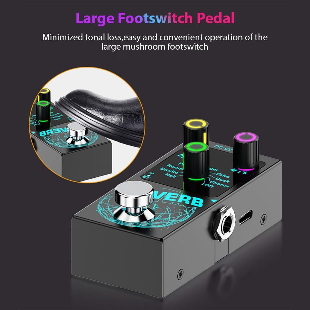 Reverb Guitar Pedal, Mini Verb Square Digital Reverb with Luminous Control Knobs,True Bypass , Aluminium Alloy Case, 9 Modes Effects,Room,Hall,Chorus,Duck,Plate,Studio,Echo,LOFI,Flanger