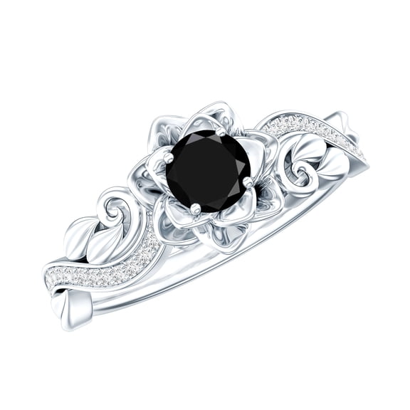 Rosec Jewels Natural Black Spinel Flower Engagement Ring with Diamond, Black Spinel Engagement Ring, 925 Sterling Silver, US 4.00
