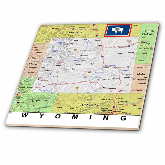 3dRose, Image of Wyoming Topographic Map With Flag, 4 Inch Ceramic Tile