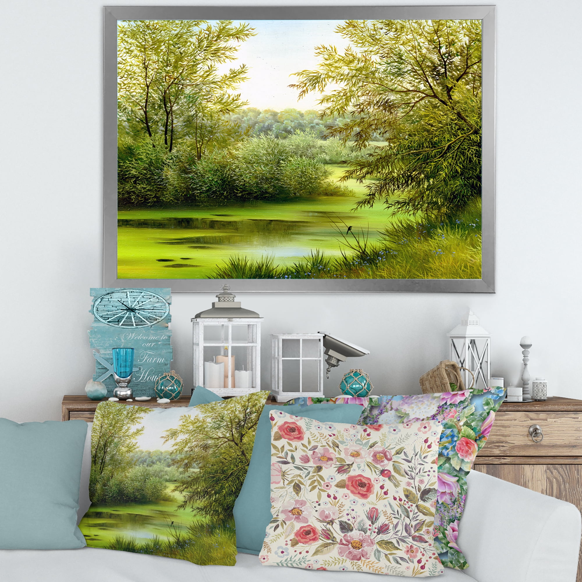 Spring Trees With Green Pond 20 in x 12 in Framed Painting Canvas Art Print, by Designart