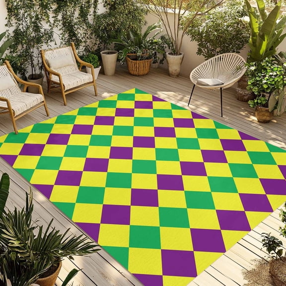Purple Green Plaid Outdoor Rug 5x7 ft Simple Purple Green Yellow Diamond Non Slip Patio Rug Washable Absorbent Large Outdoor Carpet Outside Mat for Porch RV Garden Camping