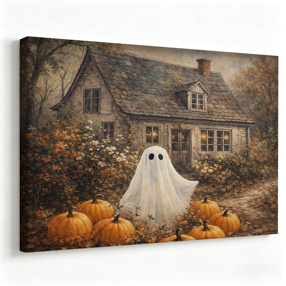 Halloween Ghost Pumpkin Canvas Wall Art, Vintage Haunted Cottage Autumn Landscape Decor for Living Room Bedroom Farmhouse Style 8*12