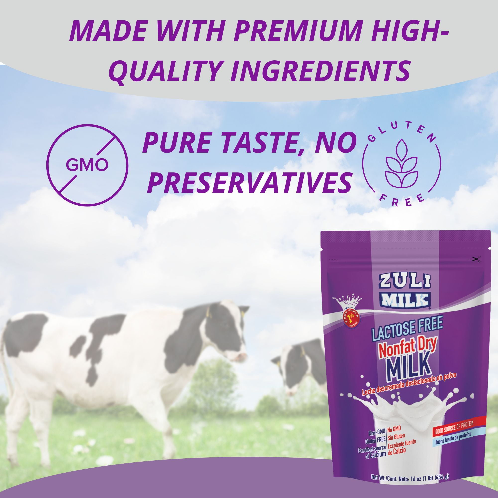 Zuli Milk Nonfat Dry Milk Powder, Original Flavor, Fat Free, Lactose Free, Non-GMO, rBST-Free, 16 oz, pack of 3