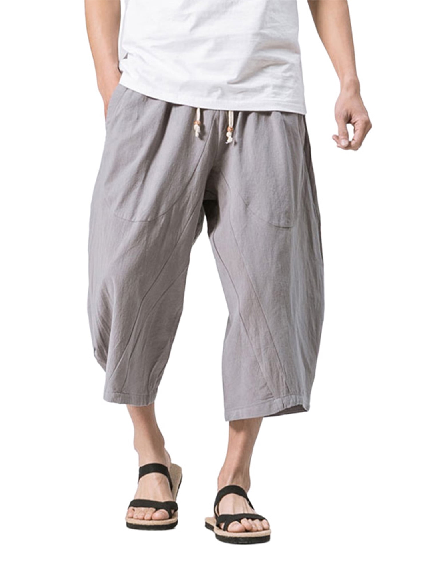 Summer Mens Casual Cotton Solid Loose Linen Drawstring 3/4 Short Trousers Pants 