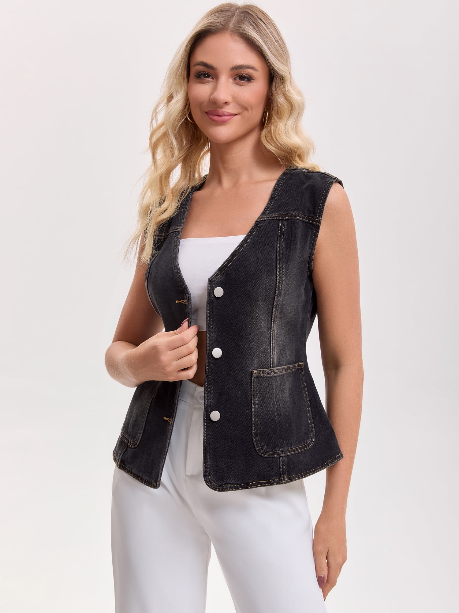DARING DIVA Women's V Neck Patch Pockets Button Down Sleeveless Jacket M Black