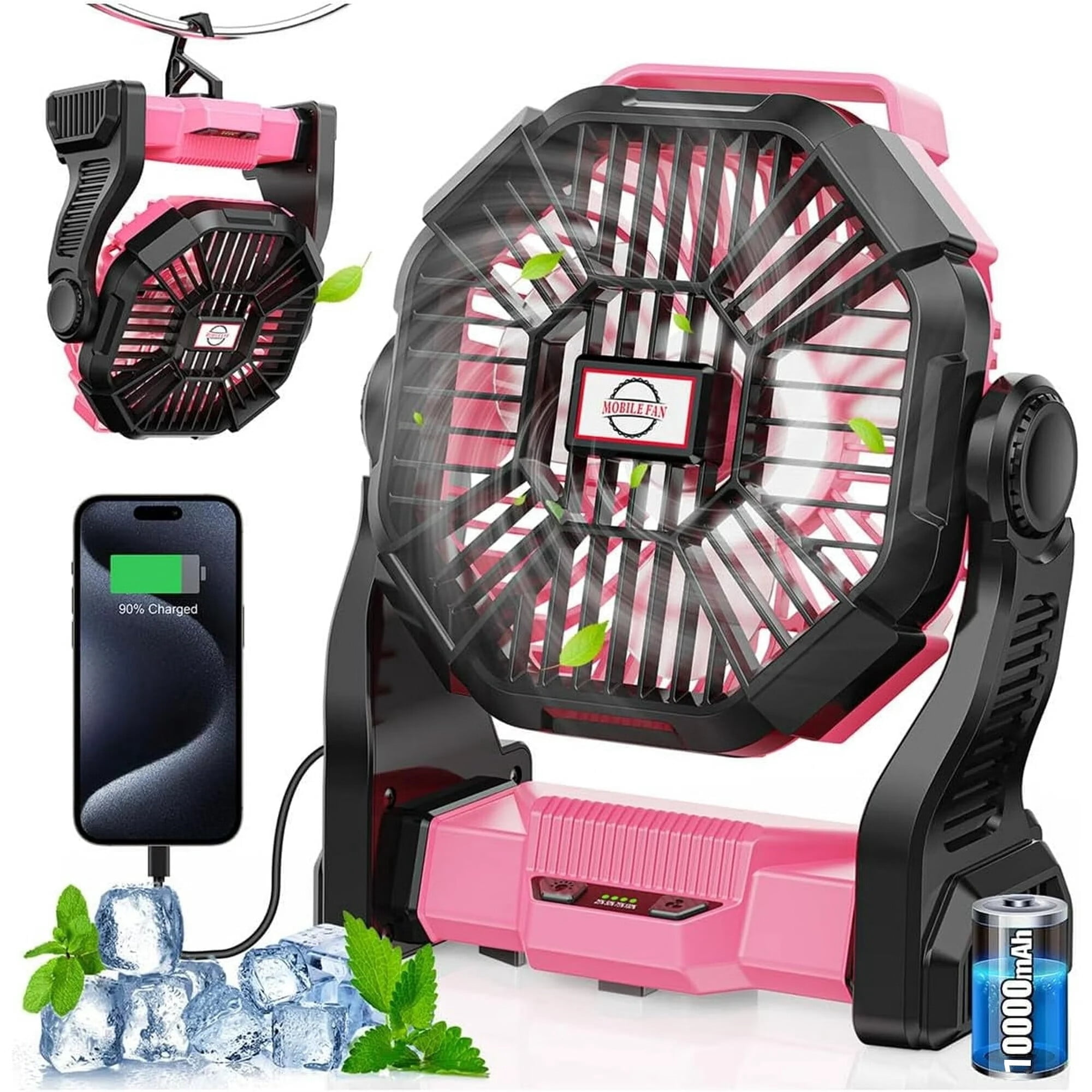 10000mAh Rechargeable Camping Fan with LED Lantern,Portable Battery Powered Table Fan with Hook,Outdoor Fan for Bedroom,Camping,Travel,Hiking,Beach,Office,Trave Accessories,Pink