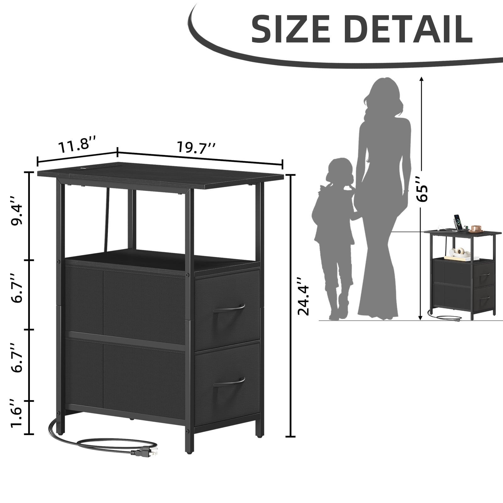 Eunos Black Long End Table with Charging Station, Nightstand with Open Shelf, 2 Fabric Drawer