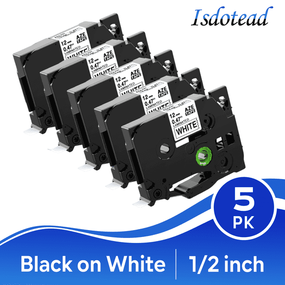 MarkDomain 5 Pack Label Tape Compatible for Brother P Touch TZe-231 White Laminated Black 0.47" x 8.0 ft (12 mm x 8 m)