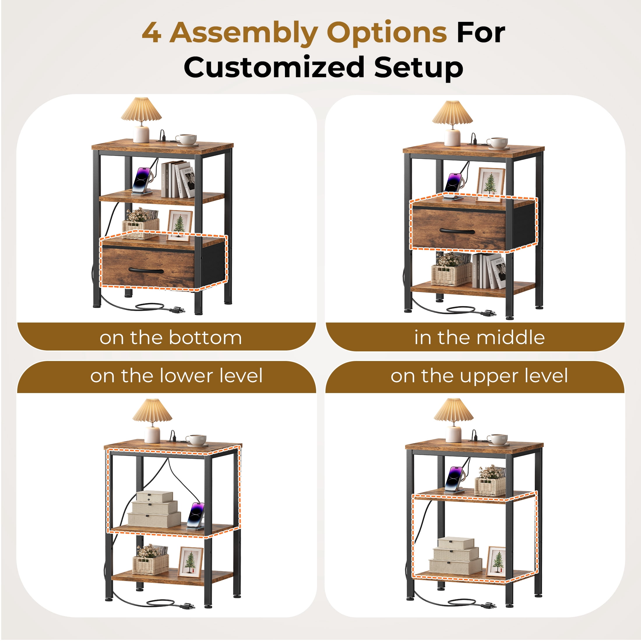 EDX Wall-Mounted Bedside Table, Built-in Outlet with USB/Type-C Ports and Adjustable Drawer, 3-Tier Storage Shelf with Fabric Drawer for Bedroom Space Saving, Genuine antique wood color