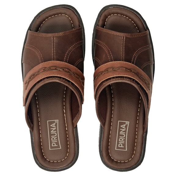 Piruna Men's Leather Double Strap Slide Sandals, Cushioned Footbed, Brown