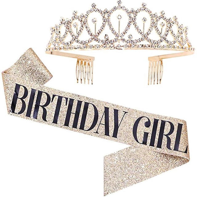 Bling Rhinestone Crystal Crown + Letter Printing Satin Sash Set Para Mujer Cumpleaños Aniversario Decoración Para Fiesta matsuzay AP007439-08