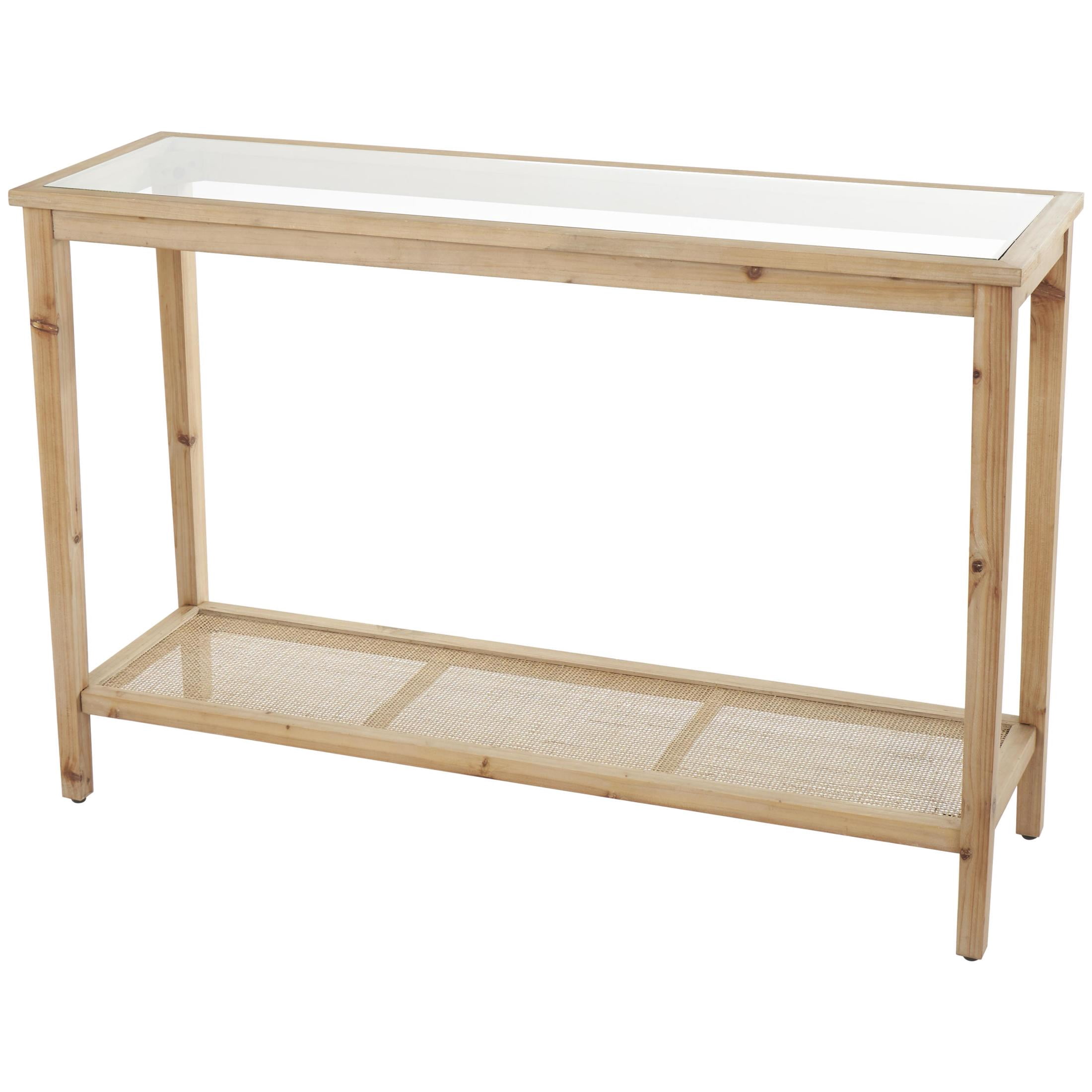 DecMode 47" x 32" Brown Wood Slim Natural Console Table with Glass Top and Rattan Shelf, 1-Piece