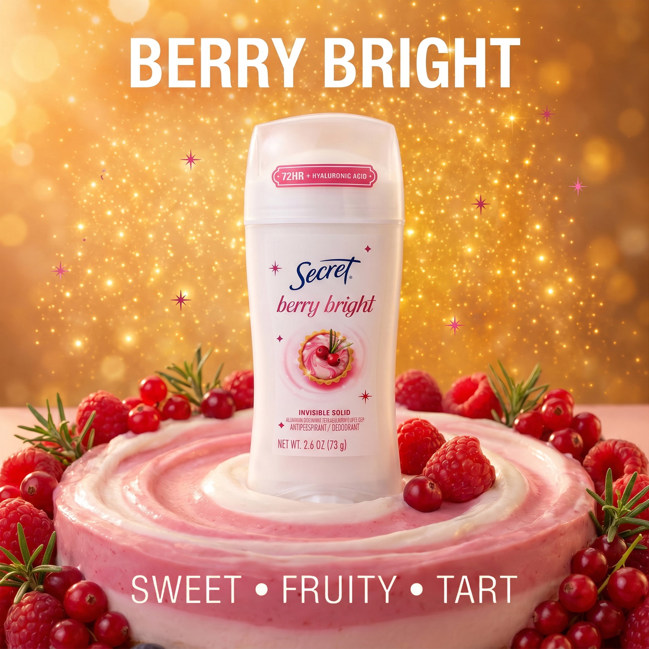 Secret 72HR Holiday Fresh Antiperspirant & Deodorant, Hyaluronic Acid, Invisible Solid, Berry Bright 2.6oz