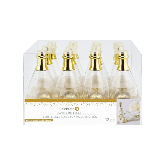 Favor Bottles with Gold Lids - 12ct by Celebrate It – Clear Food-Safe Plastic Containers for Candy - Wedding Favors - Birthdays & Events