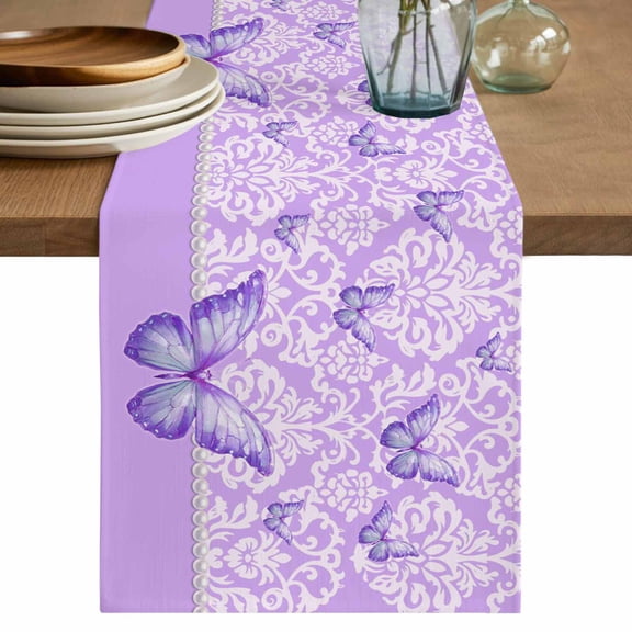Purple Floral Butterflies Table Runner 72 Inches, Abstract Art Vintage Botanical Bed Runner Dresser Scarves Tabletop for Indoor Outdoor Parties/Ceremony/Banquet, 14" x 72"