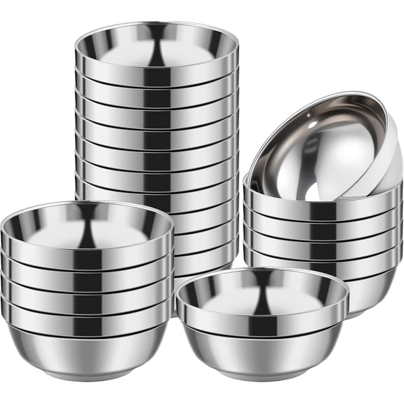 20 Pack Stainless Steel Bowls, 5 Inch Double Walled Insulated Soup Bowls, 15 Oz Metal Serving Dishes,Lightweight Snacks Bowl for Sauces Rice Noodle Ice Cream