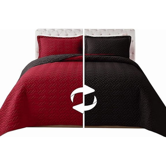 Elegant Comfort 3-Piece Quilted Reversible Bedspread Coverlet Set with Pillow Shams, Exquisite Majestic Stitching All Season Heavy Weight - Ultra Soft Premium Quilt- California King, Black/Burgundy
