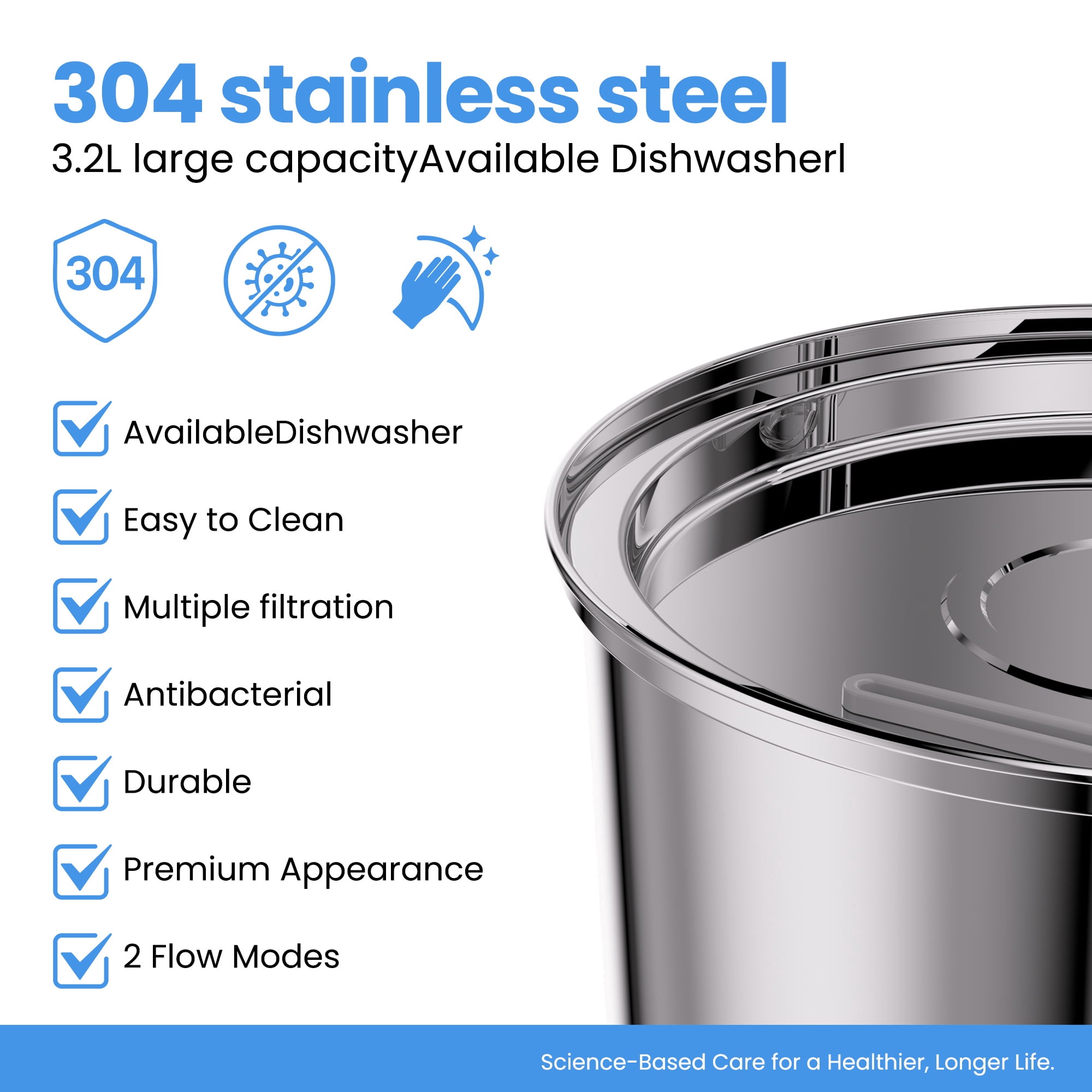 FWMB 108oz/3.2L Stainless Steel Cat Water Fountain with 3 Filters, Dishwasher Safe Automatic Pet Fountain for Dogs & Cats, Ultra-Quiet Pet Water Fountain for Multi-Pet Homes, Cat Fountains Indoor