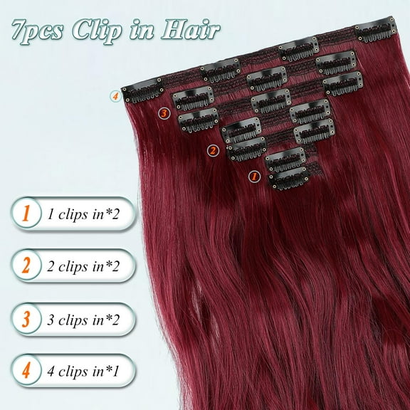 FGERFE-Women Hair Extensions Clip-ins 7PCS Seamless Invisible Long Wavy Curly Synthetic Hairpieces 24 Inch Rose Red