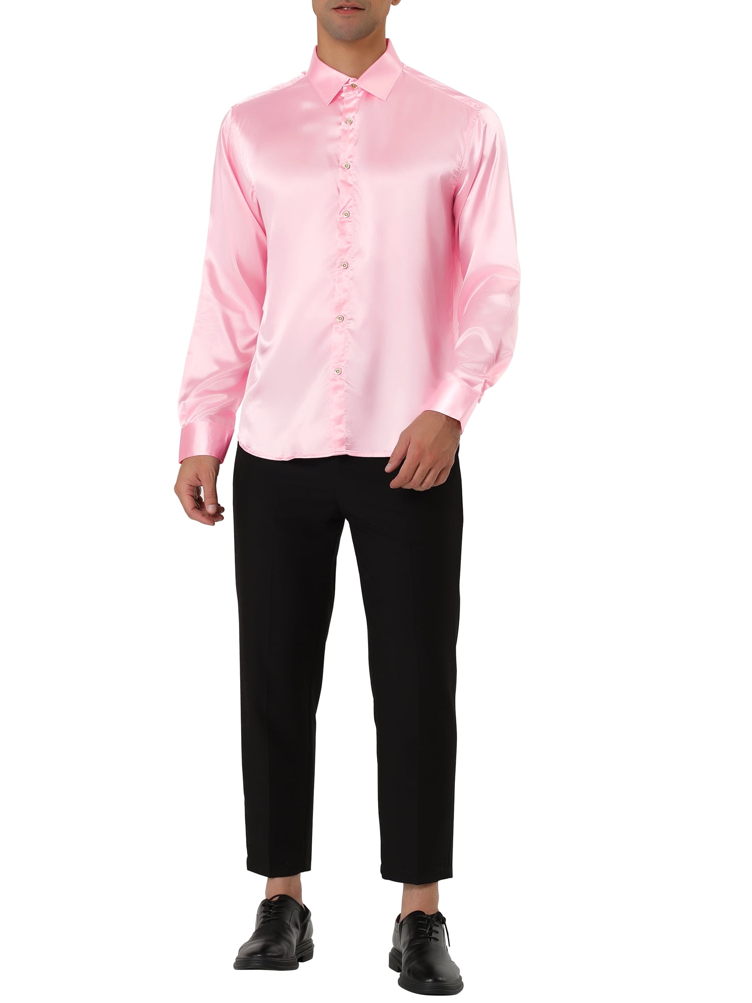 Unique Bargains Men's Satin V Neck Long Sleeves Button Down Prom Shirts 2XL Pink
