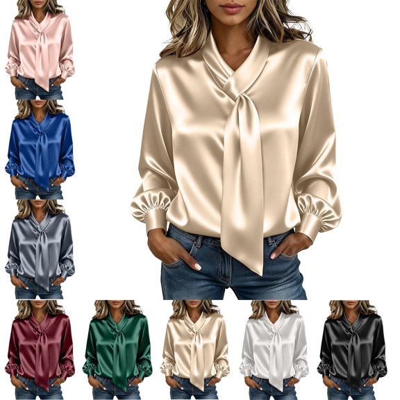 Zivyakyron Tie Neck Women Blouses Fall Satin Casual Long Sleeve Elegant Plain Loose Ladies Tops Pink L