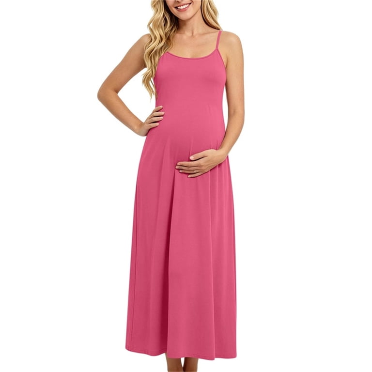 Oksale Womens Maternity Maxi Dress Stretch Cozy Spaghetti Straps Low Back Summer Dresses Casual Round Neck Plus Size Nursing Dress Hot Pink S, Women's