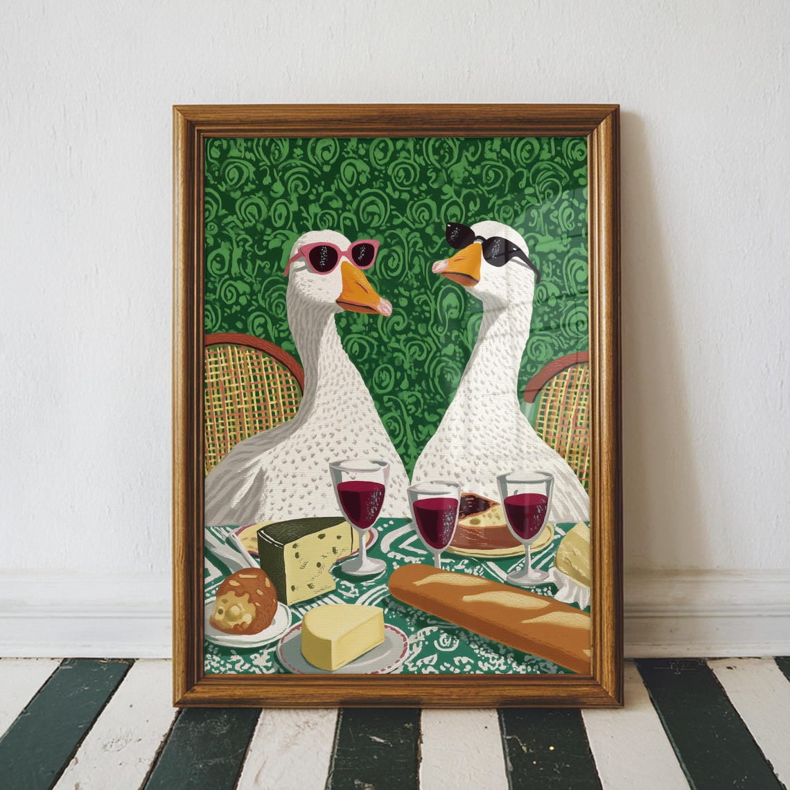 Wine Cheese Geese Wall Art Print Bar Cart Decor Trendy Kitchen Artwork Unframed Paper Print