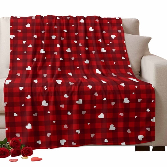 Valentine's Day Fleece Throw Blanket Lightweight Modern Romantic White Pink Love Heart Red Buffalo Plaid Fuzzy Flannel Throws Super Soft Cozy Flannel Blanket for Couch, Sofa, Bed, Travel 40"x50"
