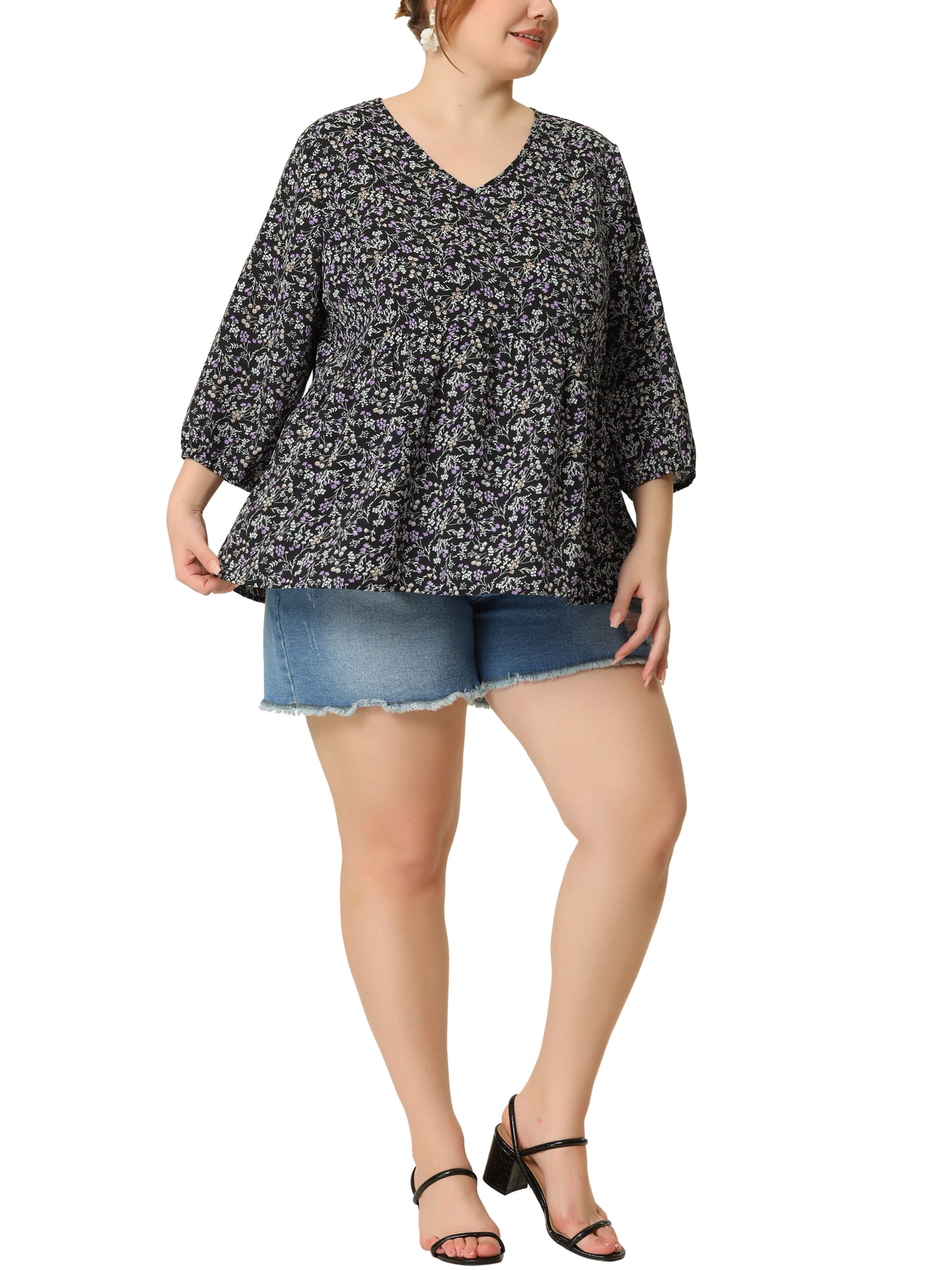 Unique Bargains Women's Plus Size V Neck Flowy 3/4 Sleeve Floral Blouse 4X Black