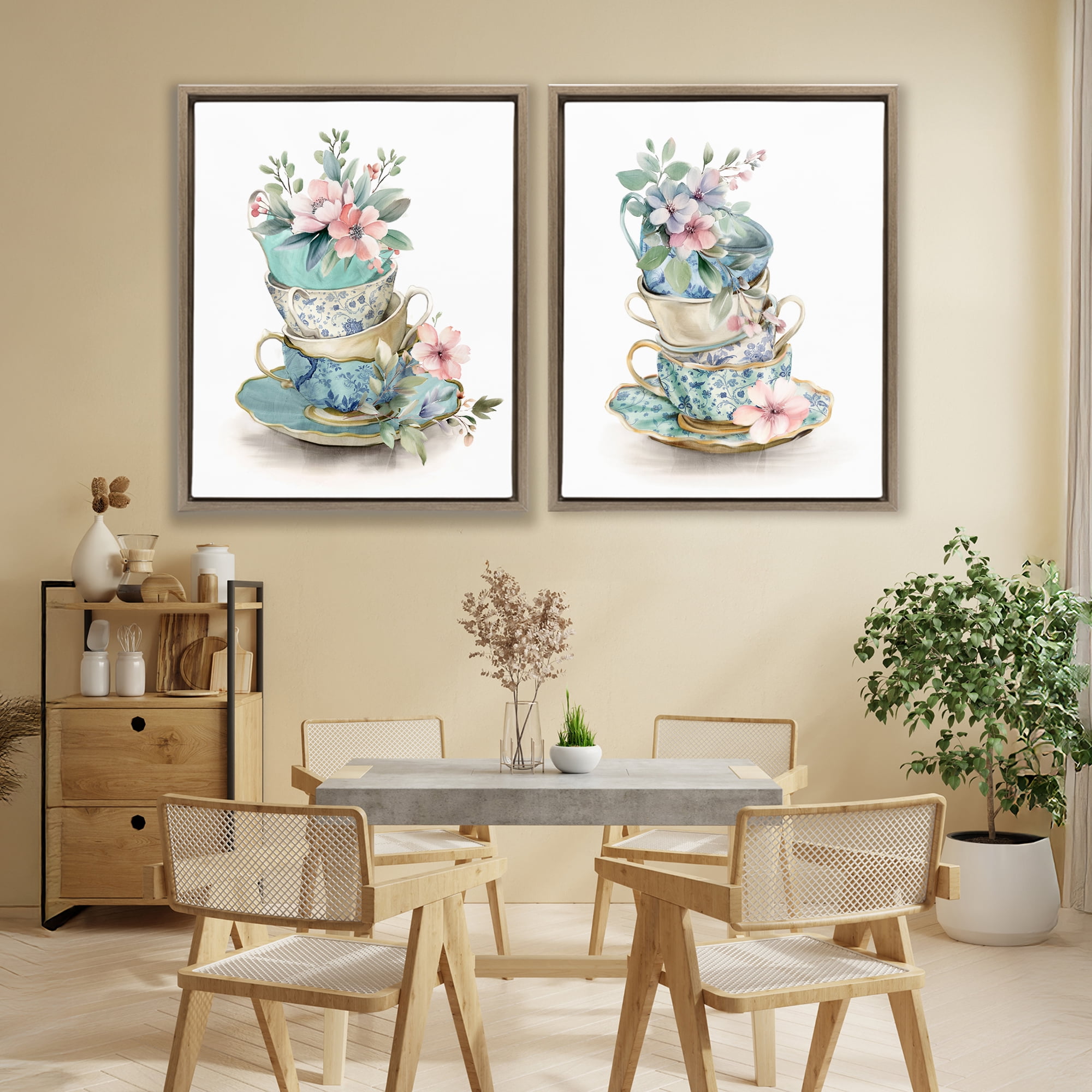 Stupell Industries Stacked Teacup Chinoiserie 2 Piece Brown Framed Floater Canvas Set, design by Kim Allen