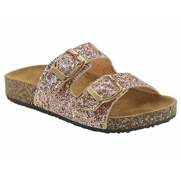 SNJ Women's Glitter Solid Double Strap Cork Sole Slide Sandals (FREE SHIPPING)
