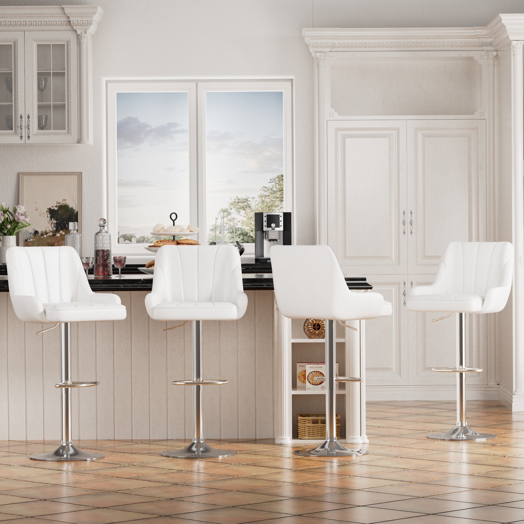 VECELO Set of 4 Bar Stools, Faux Leather Adjustable Swivel Counter Height Barstools with Backrest and Armrest, White